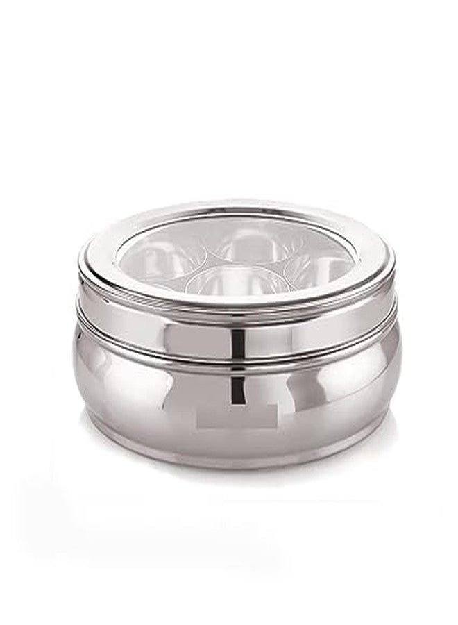 DARAZ علبة توابل داراز الكلاسيكية من الفولاذ المقاوم للصدأ | علبة توابل | علبة ماسالا | منظم بغطاء زجاجي شفاف، يحتوي على 7 علب وملعقة صغيرة، فضي اللون - Image 3